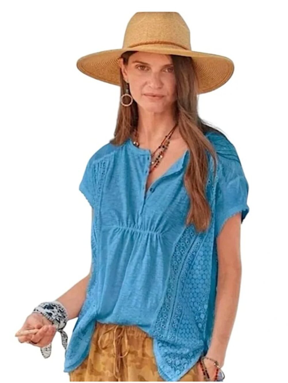 Sundance Sky Blue Short Sleeve Eyelet Peasant Top